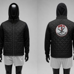 Quilted black hooded jacket with barbershop logo